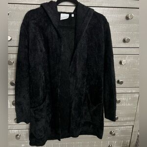 Cyrus Womens Hooded Black Fuzzy Open Coat Size Small